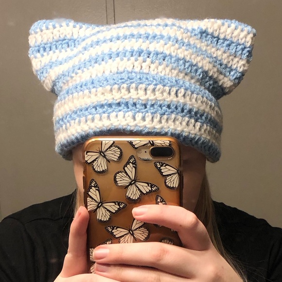 Light Blue and White Crochet Cat Ear Beanie - Picture 2 of 4